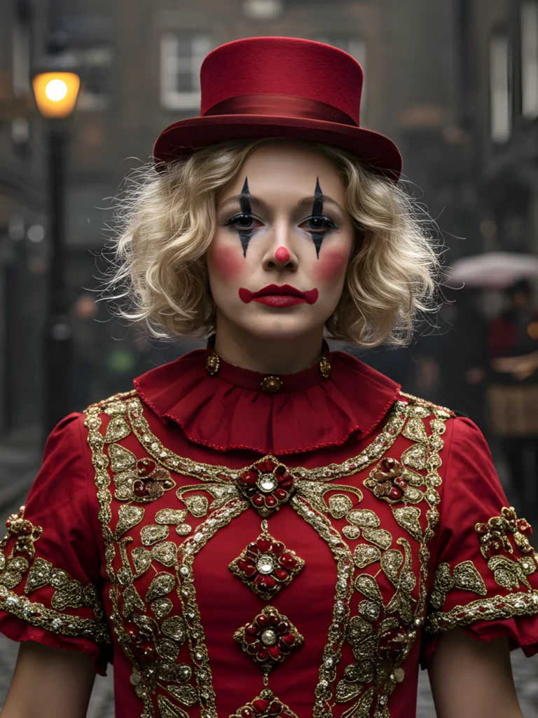 A beautiful, sad and lonely figure of a young woman in a red clown dress and clowns makeup standing in a gloomy East-End street in the last century