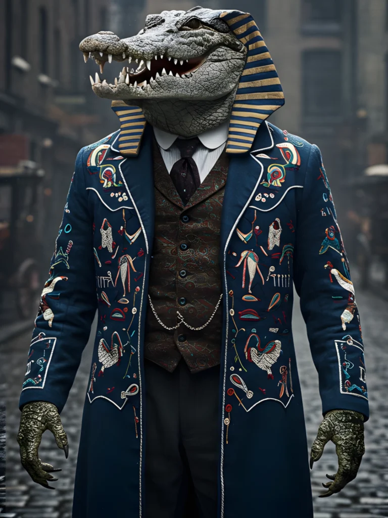 A 19th century street scene in which the ancient Egyptian crocodile god Sobek is standing in the middle of the street wearing a Pharaoh's headdress, cowboy boots and a Country singers frock coat covered in fine needlework depicting ancient Egyptian symbols and hieroglyphs