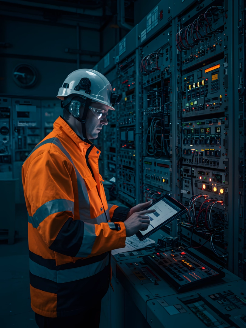 A workman in a hardhat and hi-viz jacket woking on the power supplies in a vast industrial complex.